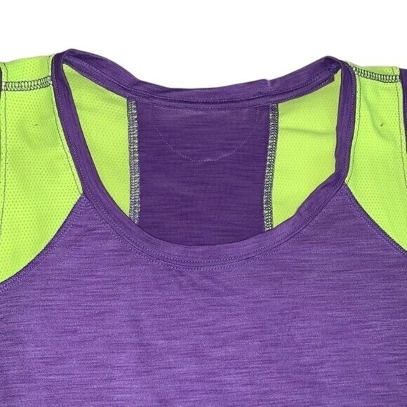 Purple & Neon Green Dri-Fit Sleeveless Active Tank Top With Zipper Pocket By Avi - Picture 6 of 10